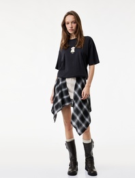 Bisiklet Yaka Kısa Kollu Köpek Nakışlı Pamuklu Oversize Tişört