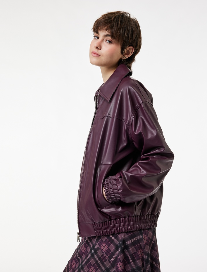  Klasik Yaka Cepli Fermuarlı Suni Deri Oversize Bomber Ceket