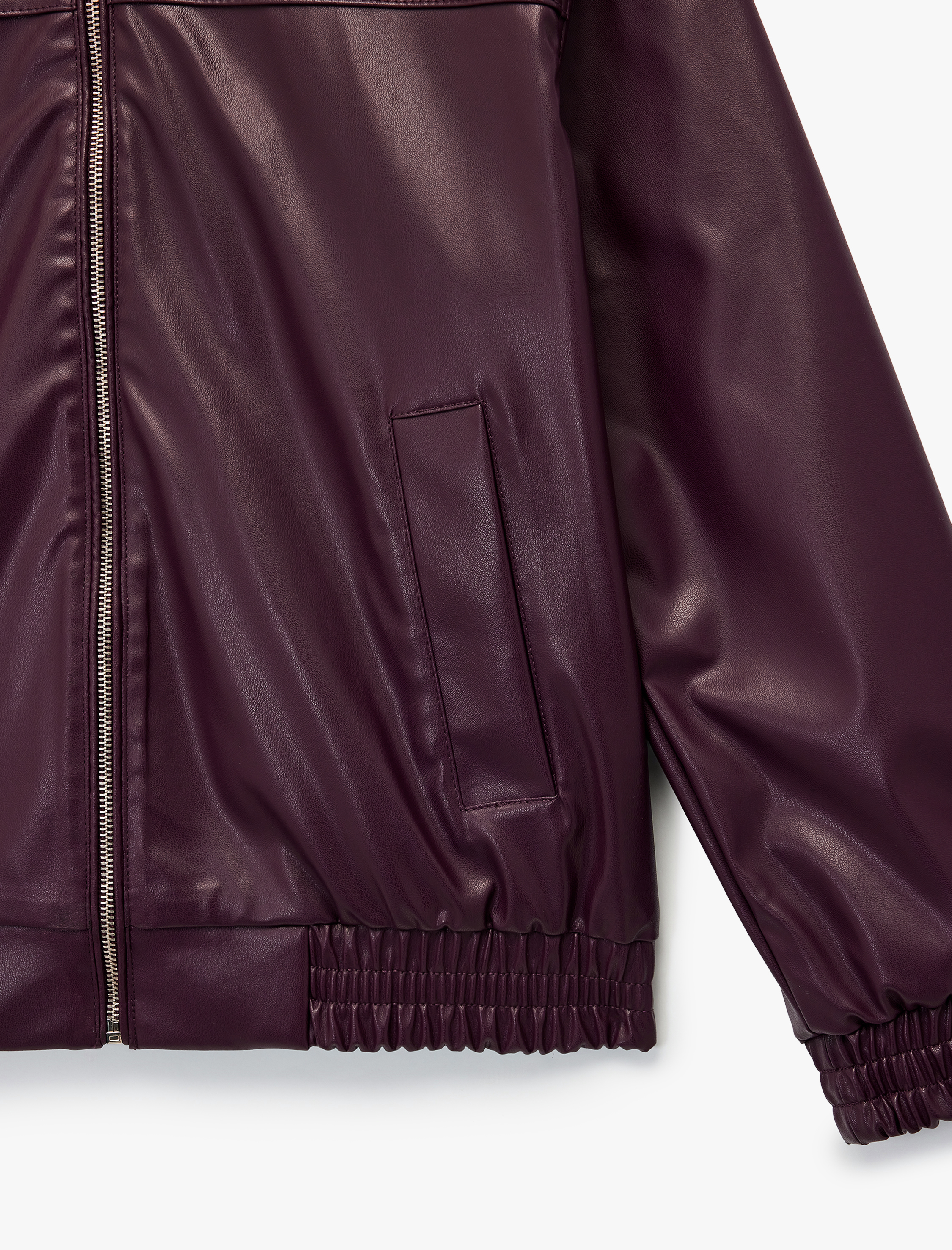  Klasik Yaka Cepli Fermuarlı Suni Deri Oversize Bomber Ceket