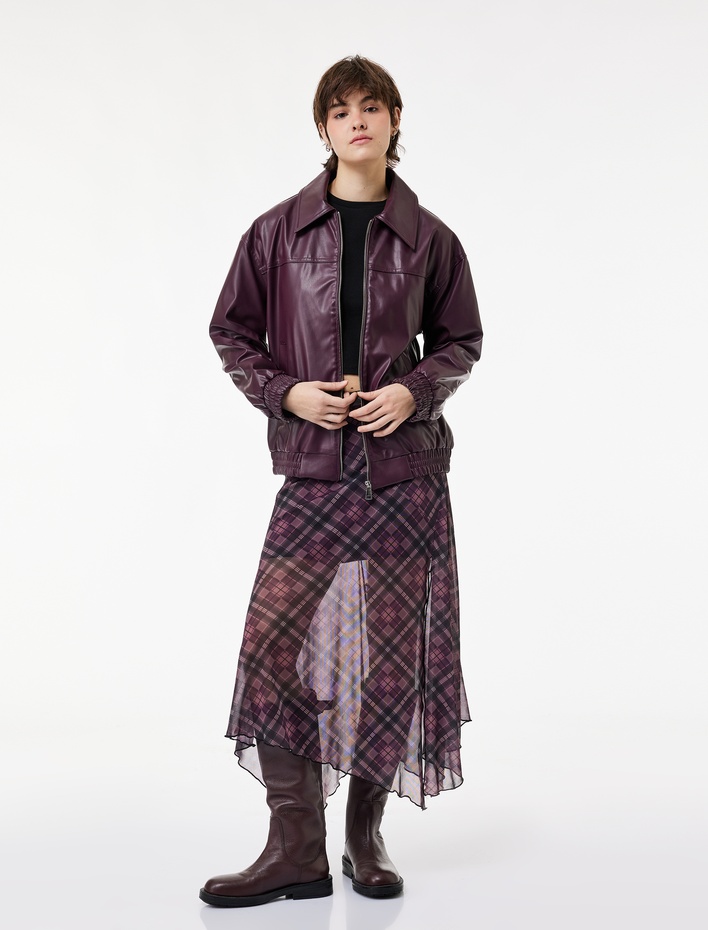  Klasik Yaka Cepli Fermuarlı Suni Deri Oversize Bomber Ceket