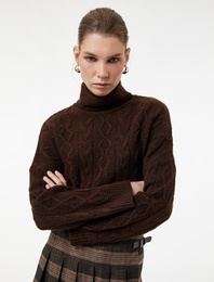 Koton X Sima Tarkan - Uzun Kollu Balıkçı Yaka Oversize Saç Örgü Kazak