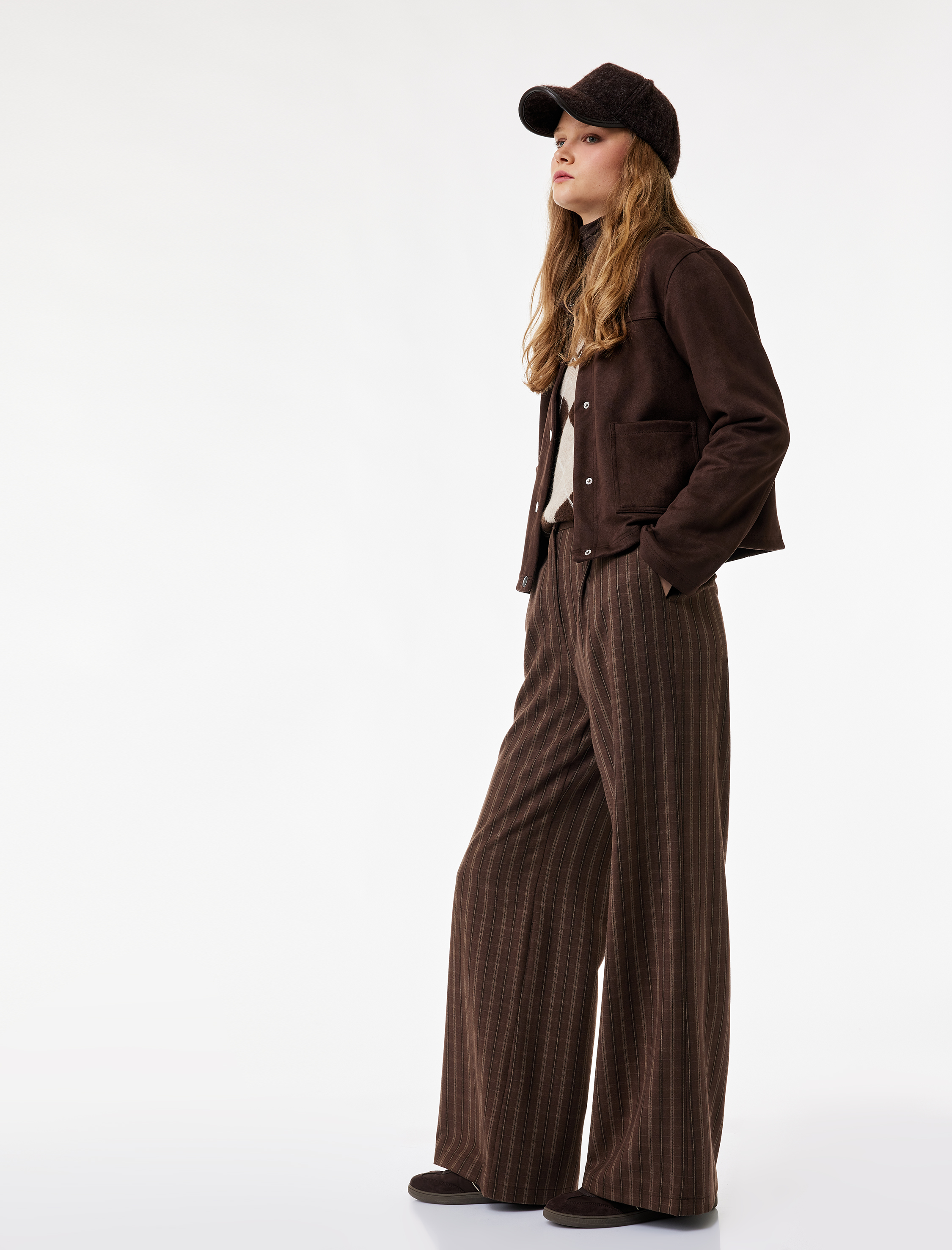   Viskon Karışımlı Cep Detaylı Düğmeli Geniş Paça Ekoseli Pantolon