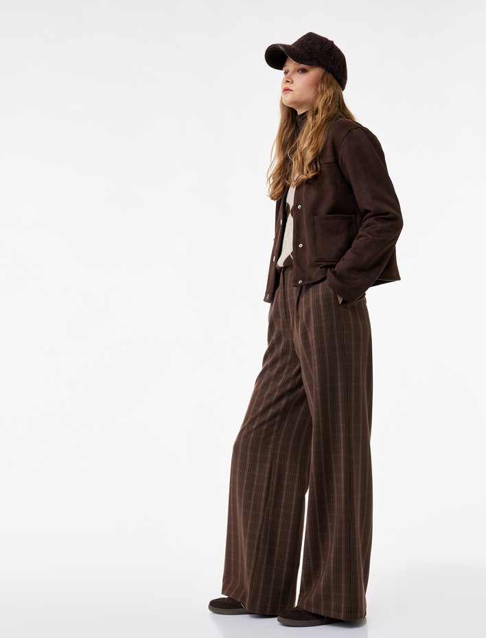  Viskon Karışımlı Cep Detaylı Düğmeli Geniş Paça Ekoseli Pantolon