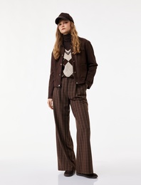 Viskon Karışımlı Cep Detaylı Düğmeli Geniş Paça Ekoseli Pantolon