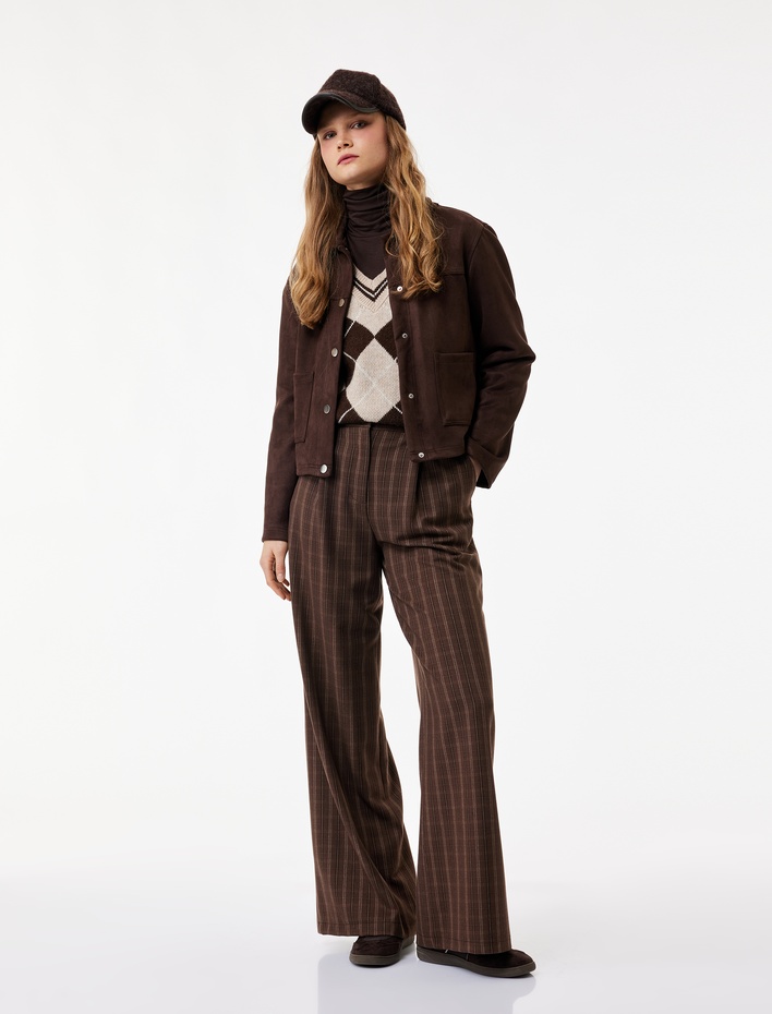  Viskon Karışımlı Cep Detaylı Düğmeli Geniş Paça Ekoseli Pantolon