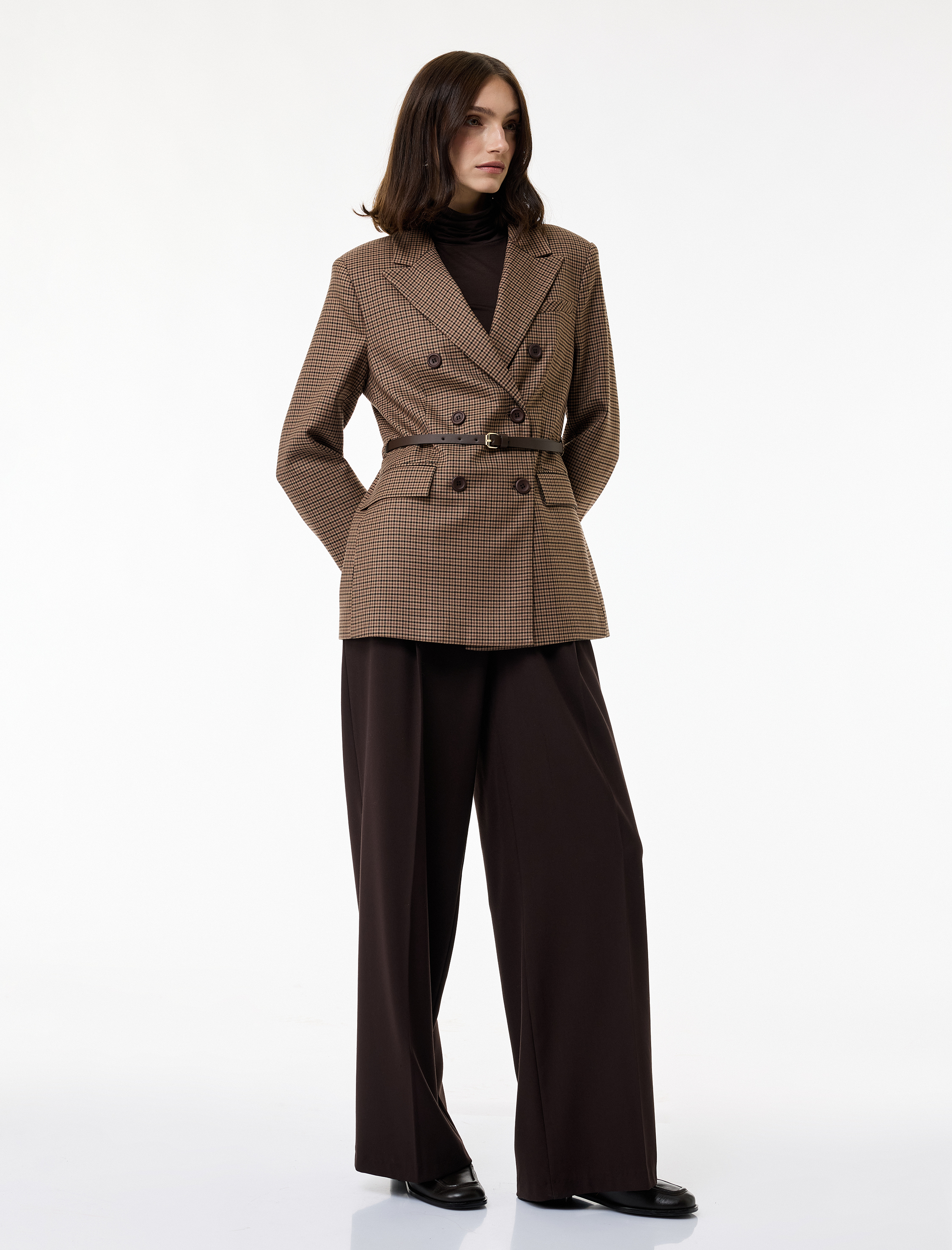   Pile Detaylı Loose Fit Geniş Paça Kumaş Pantolon