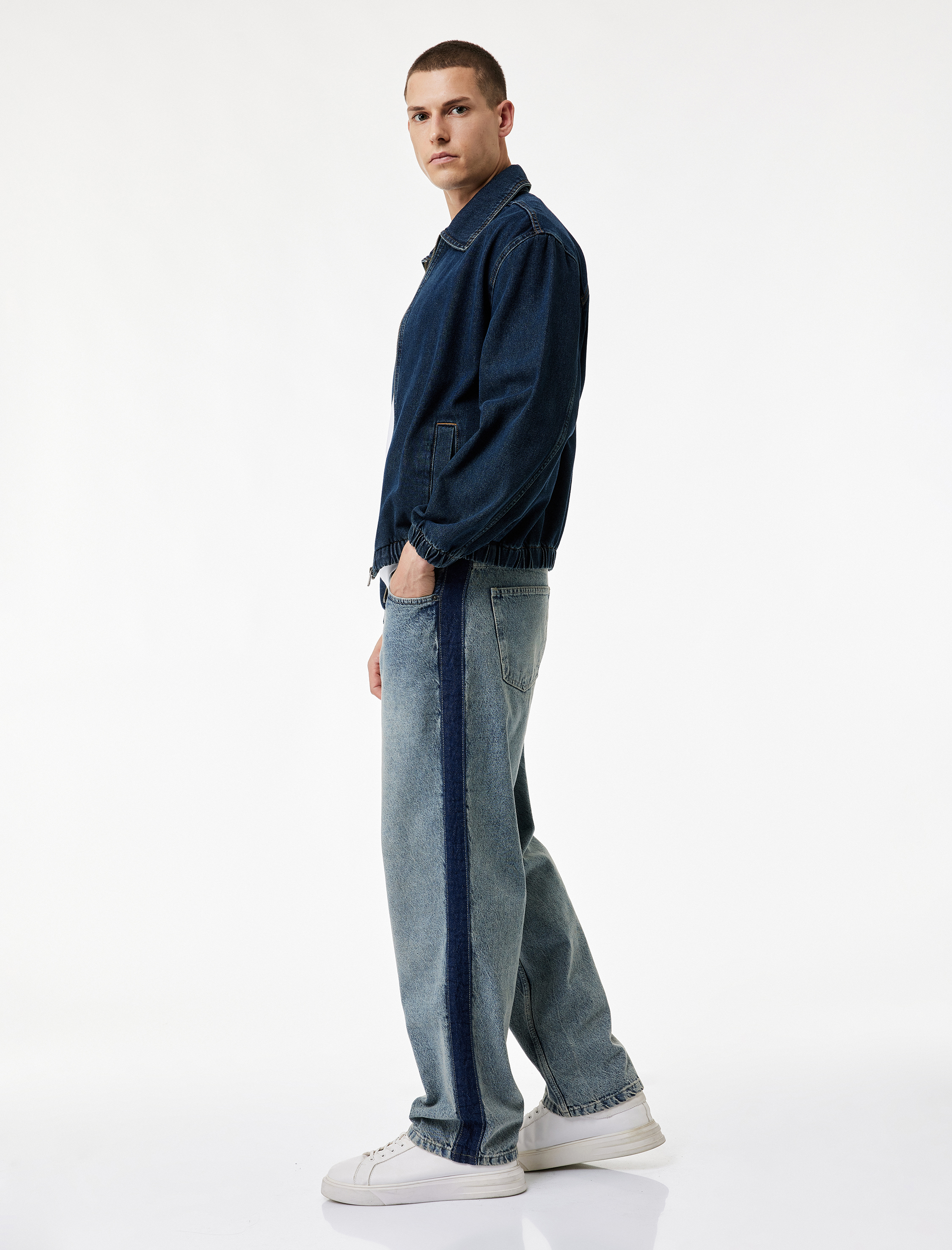   Gömlek Yaka Cepli Fermuarlı Oversize Bomber Jean Ceket