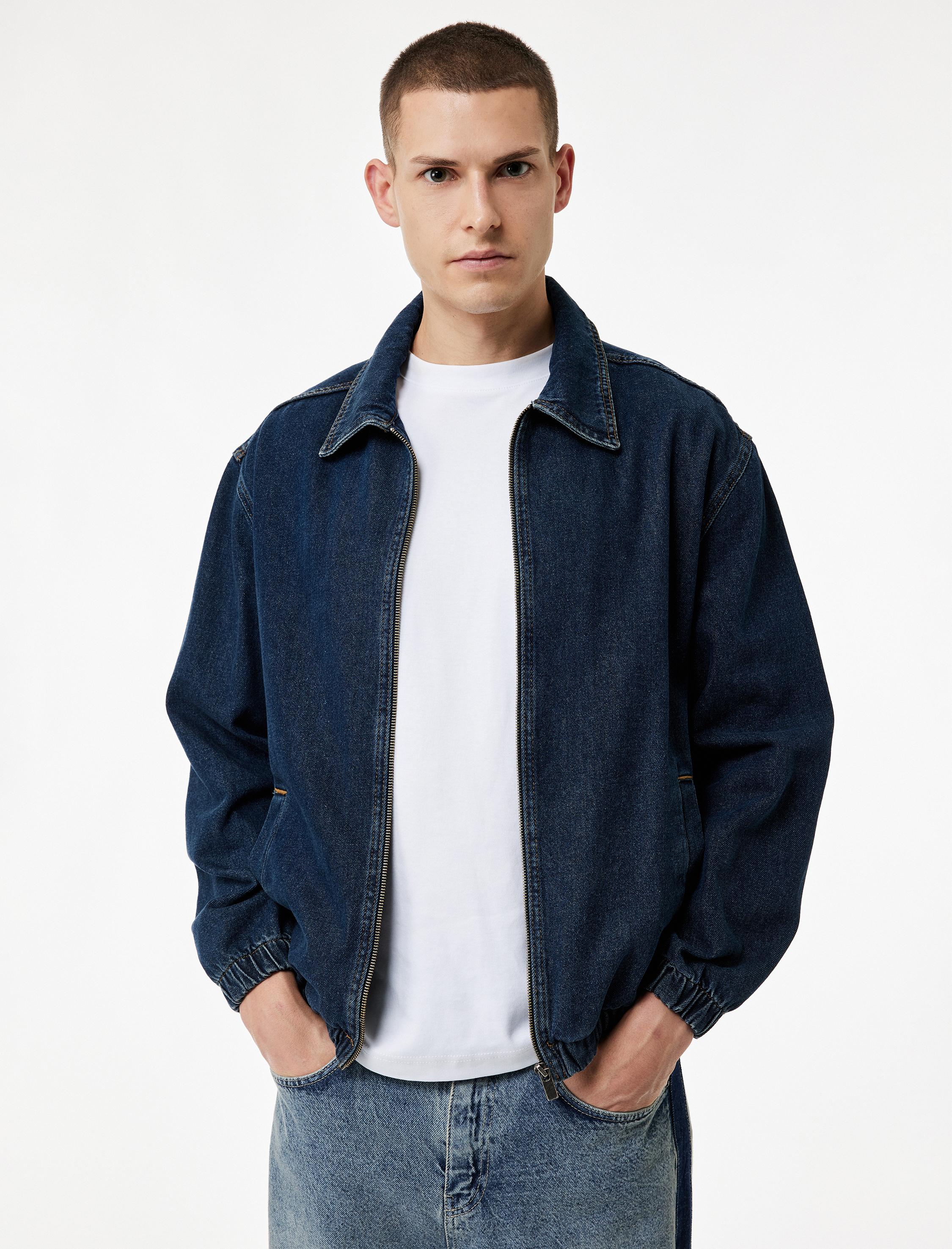   Gömlek Yaka Cepli Fermuarlı Oversize Bomber Jean Ceket