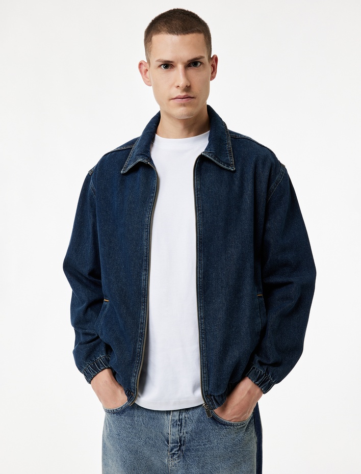  Gömlek Yaka Cepli Fermuarlı Oversize Bomber Jean Ceket
