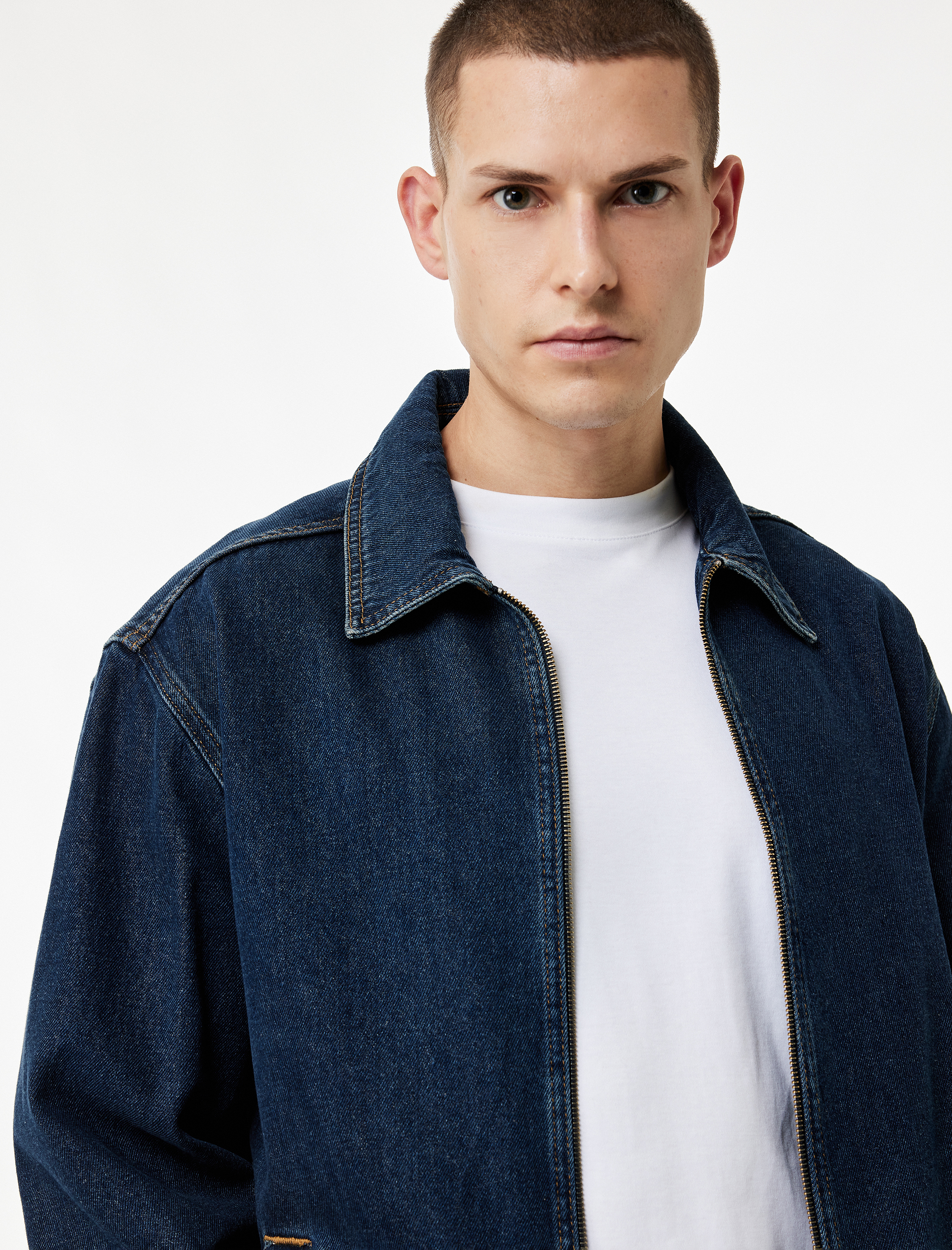   Gömlek Yaka Cepli Fermuarlı Oversize Bomber Jean Ceket