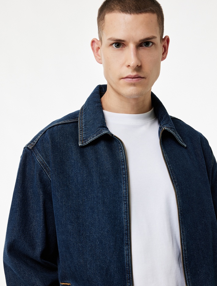  Gömlek Yaka Cepli Fermuarlı Oversize Bomber Jean Ceket