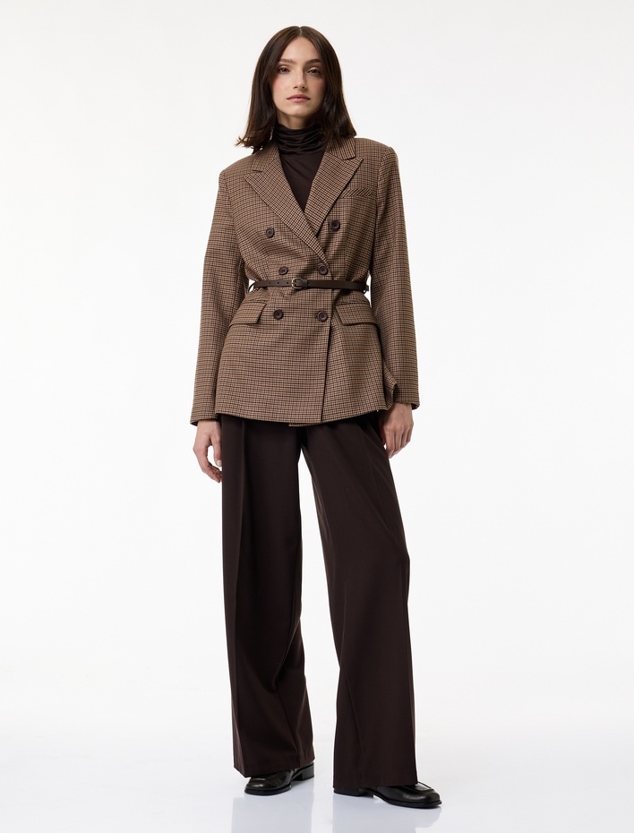  Pile Detaylı Loose Fit Geniş Paça Kumaş Pantolon