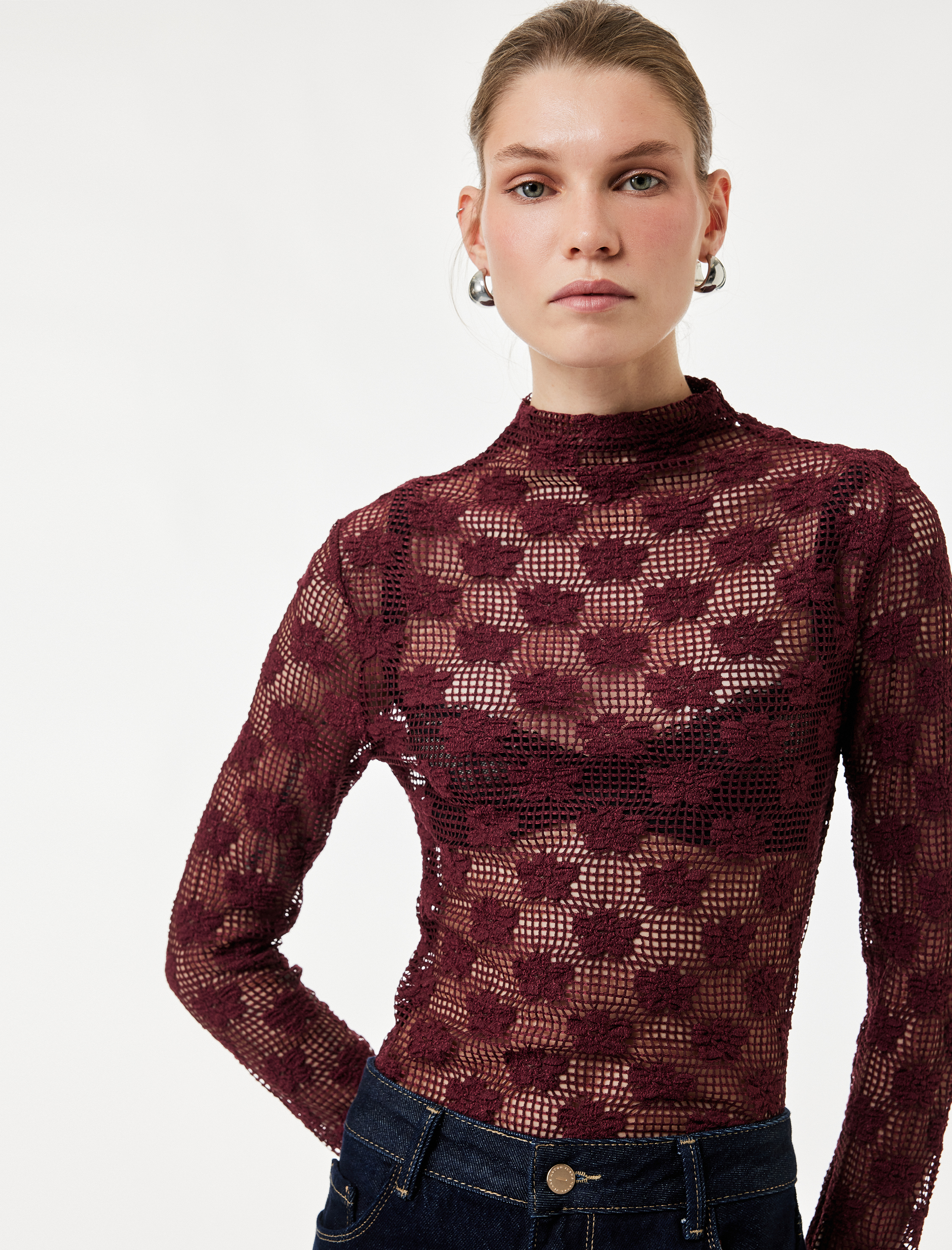   Dik Yaka Uzun Kollu Dantelli Bluz