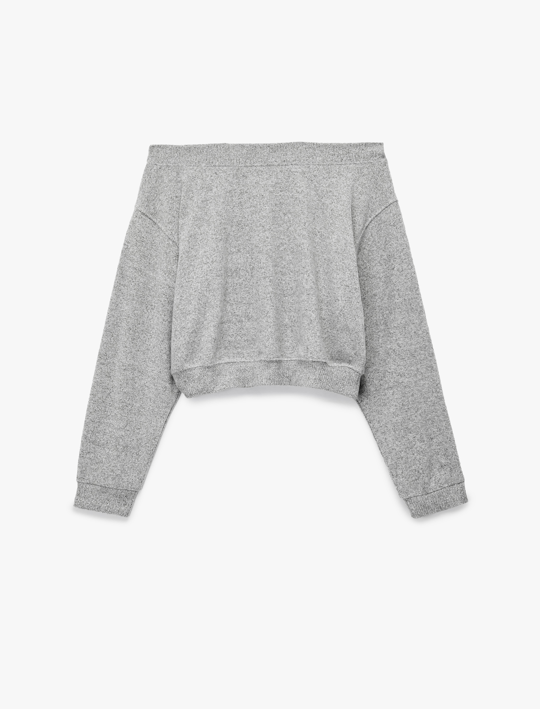   Viskon Karışımlı Kayık Yaka Omzu Açık Uzun Kollu Tişört