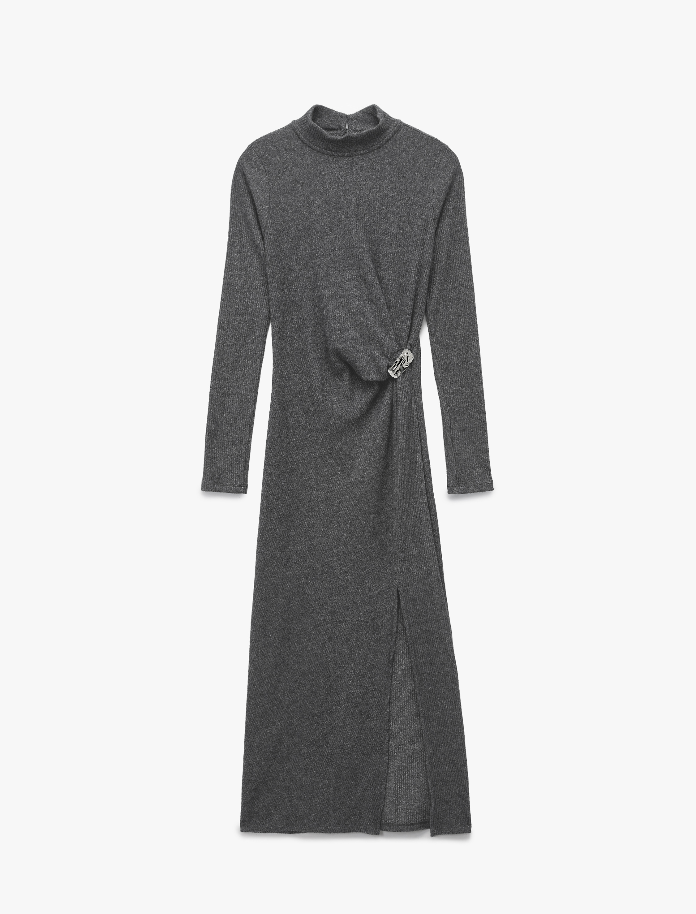   Koton X Şahika Ercümen - Dik Yaka Uzun Kollu Metal Aksesuarlı Yırtmaçlı Midi Kalem Elbise