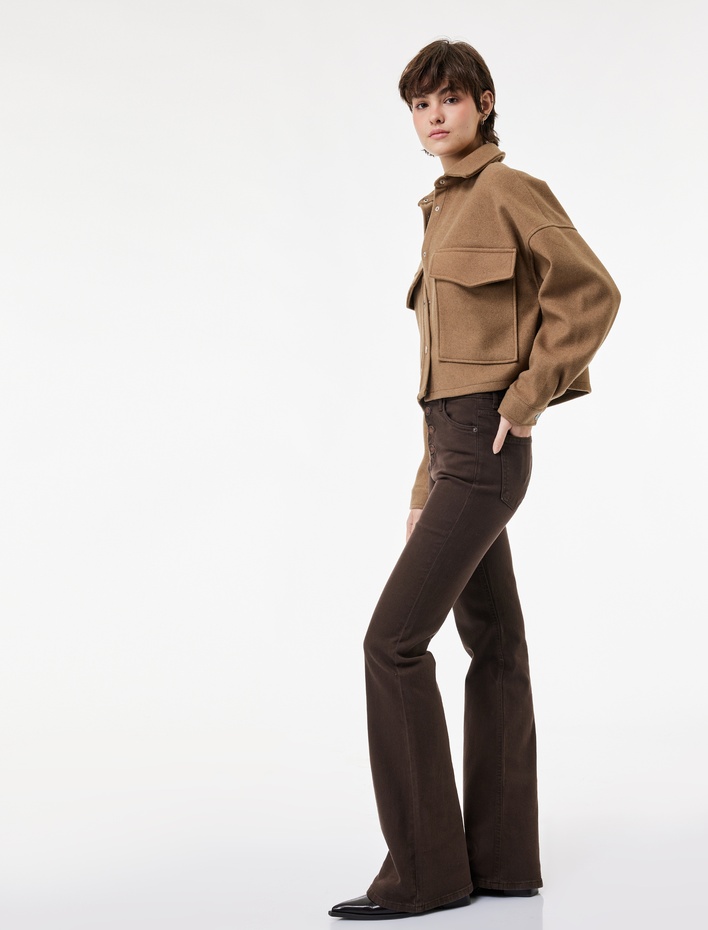  Düğme Detaylı Cepli Yüksek Bel İspanyol Paça Jean Pantolon - Flare Jeans