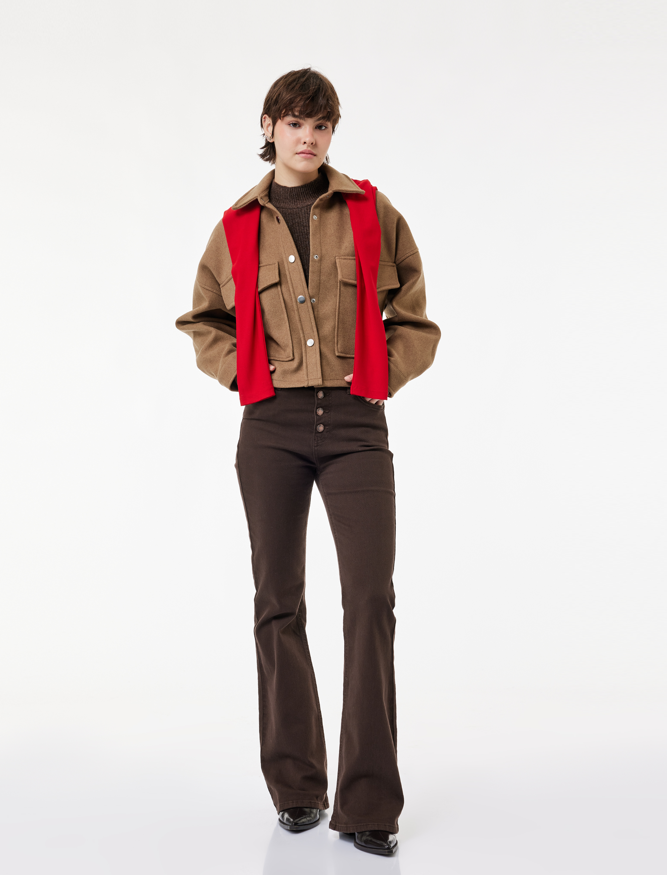   Düğme Detaylı Cepli Yüksek Bel İspanyol Paça Jean Pantolon - Flare Jeans