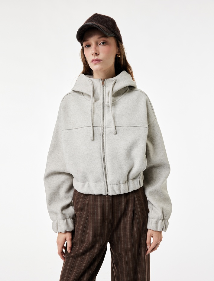  Kapüşonlu Uzun Kollu Fermuarlı Crop Ceket