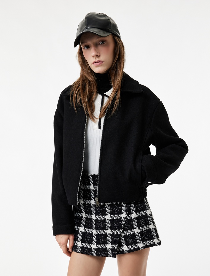  Uzun Kollu Klasik Yaka Fermuarlı Ceket