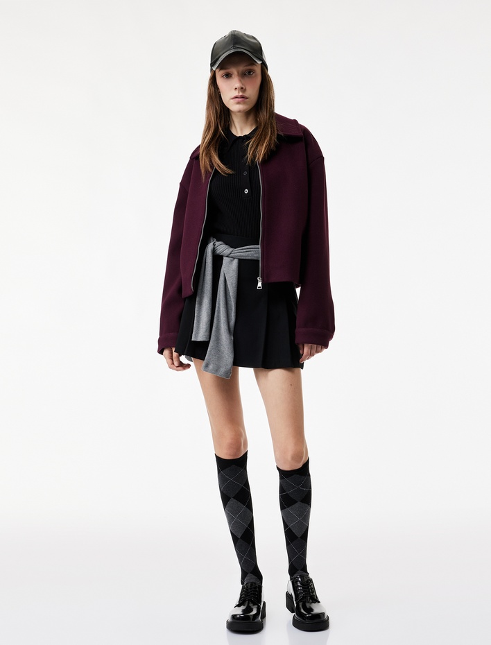  Uzun Kollu Klasik Yaka Fermuarlı Ceket