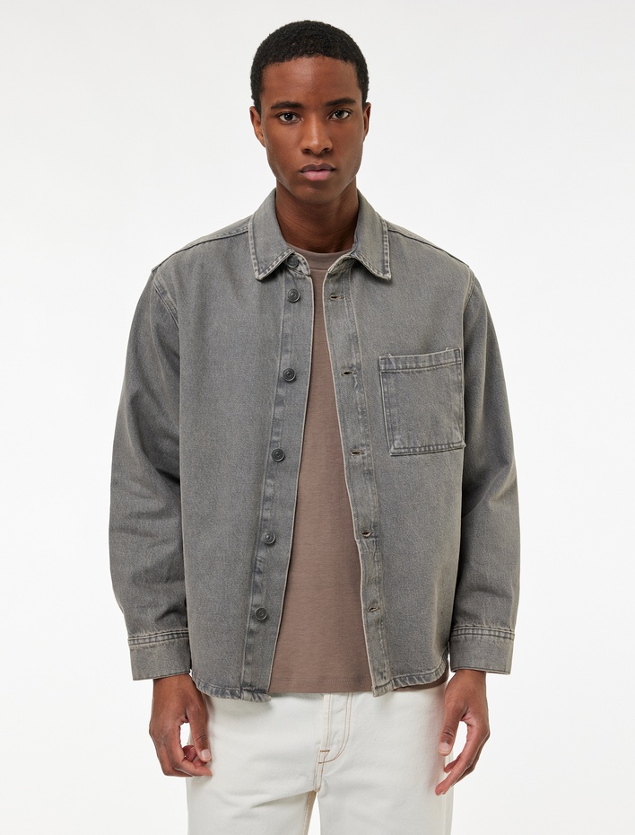  Rahat Kalıp Uzun Kollu Cep Detaylı Düğmeli Klasik Yaka Pamuklu Jean Ceket