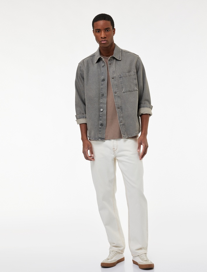  Rahat Kalıp Uzun Kollu Cep Detaylı Düğmeli Klasik Yaka Pamuklu Jean Ceket