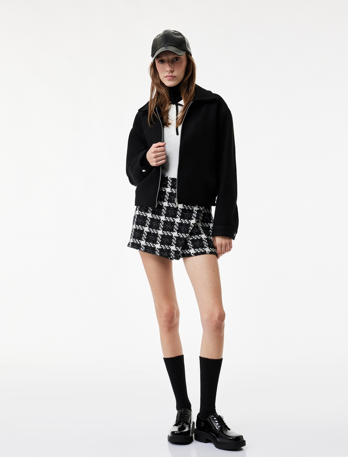  Uzun Kollu Klasik Yaka Fermuarlı Ceket