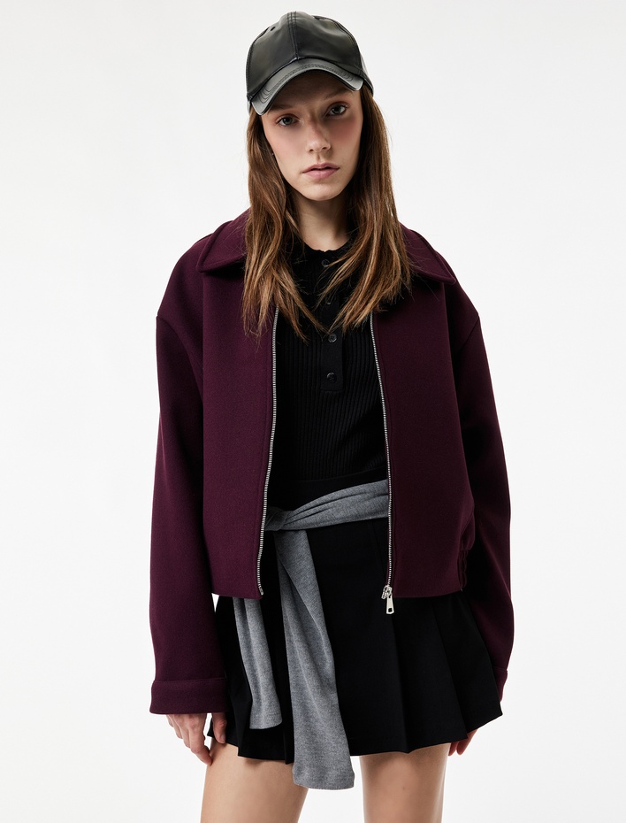  Uzun Kollu Klasik Yaka Fermuarlı Ceket