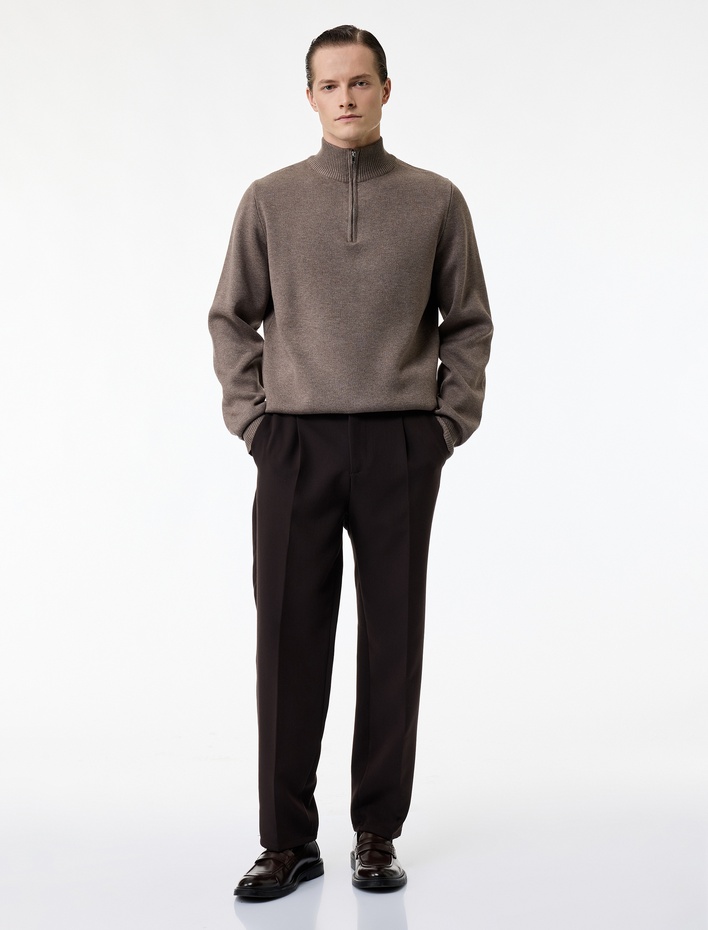  Uzun Kollu Regular Fit Basic Yarım Fermuarlı Triko Kazak