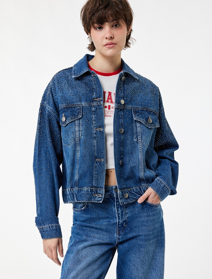  Uzun Kollu Klasik Yaka Düğmeli Cepli Taş Detaylı Denim Ceket