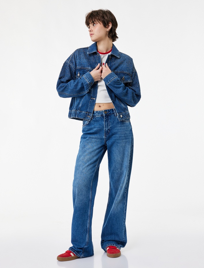  Uzun Kollu Klasik Yaka Düğmeli Cepli Taş Detaylı Denim Ceket