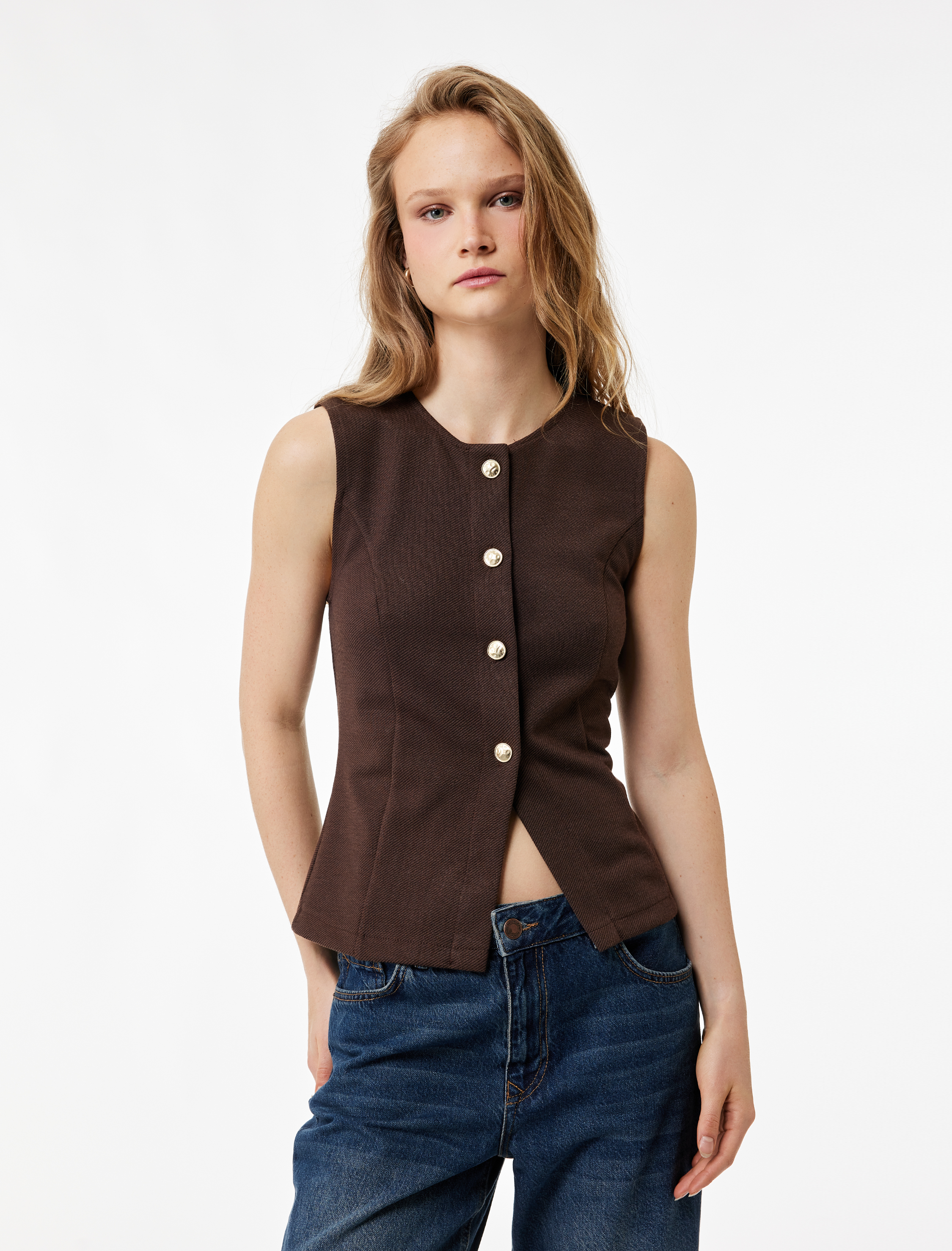   Slim Fit Kolsuz Bisiklet Yaka Düğme Detaylı Yelek