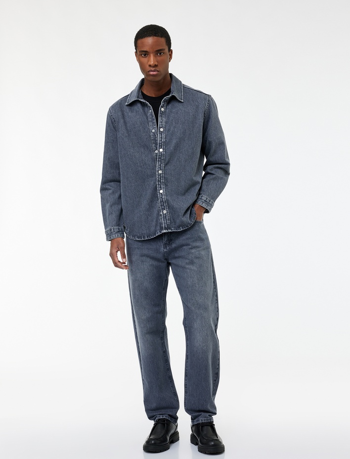  Pamuklu Regular Fit Uzun Kollu Klasik Yaka Jean Gömlek Ceket