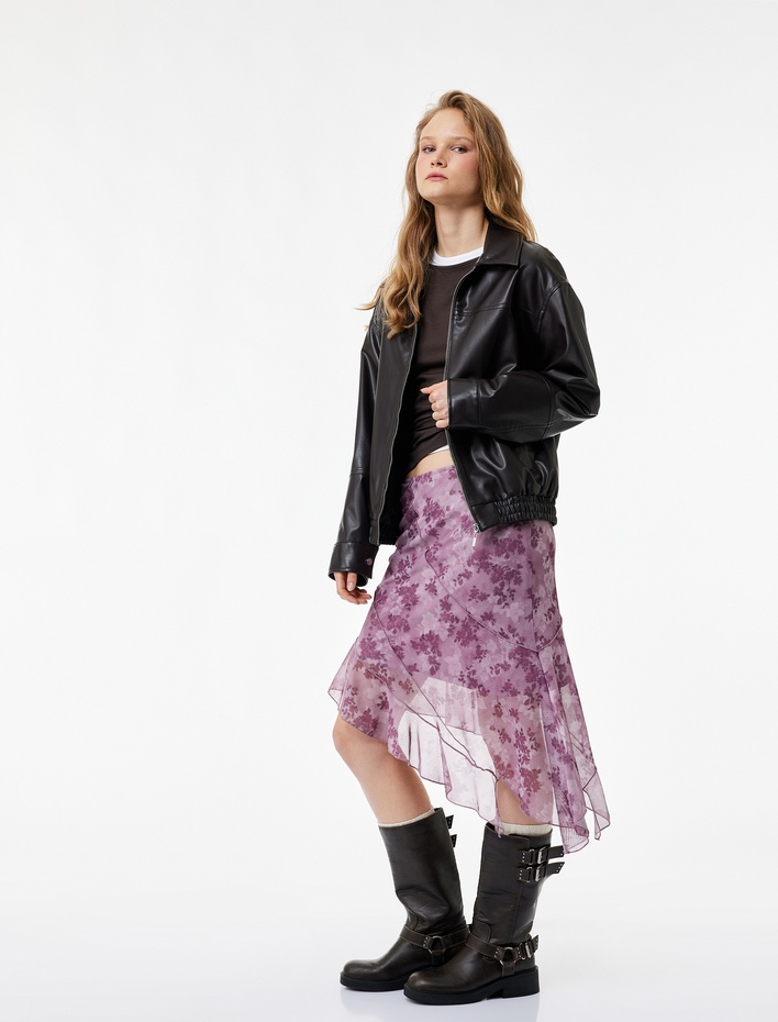  Asimetrik Kesim Yüksek Bel Katlı Midi Tül Etek