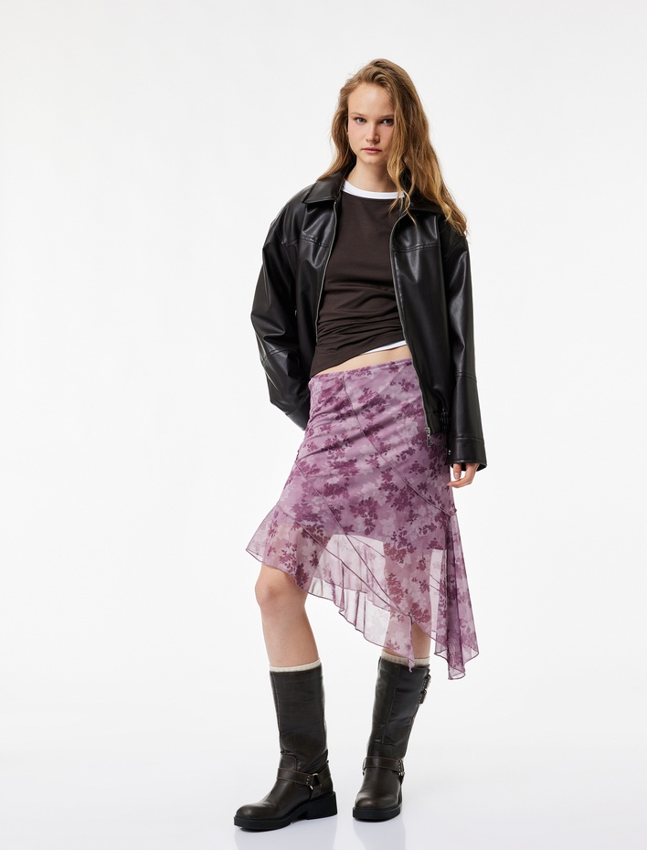  Asimetrik Kesim Yüksek Bel Katlı Midi Tül Etek