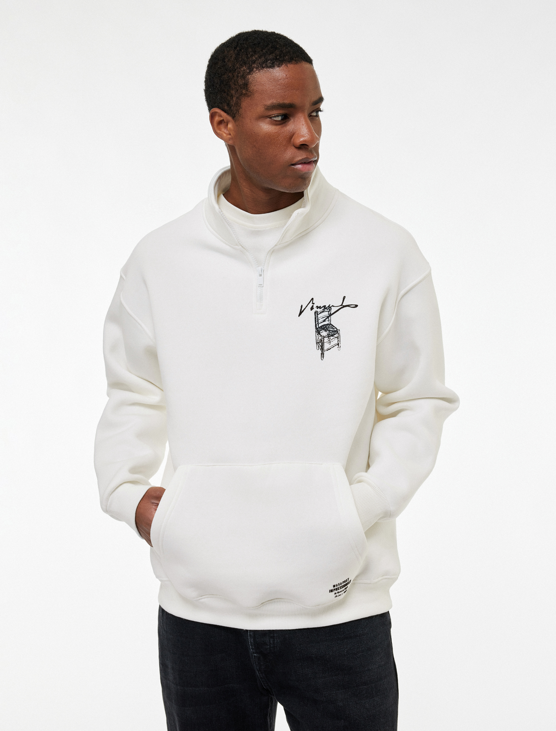   Cepli Şardonlu Yarım Fermuarlı Lisanslı Van Gogh Baskılı Oversize Sweatshirt