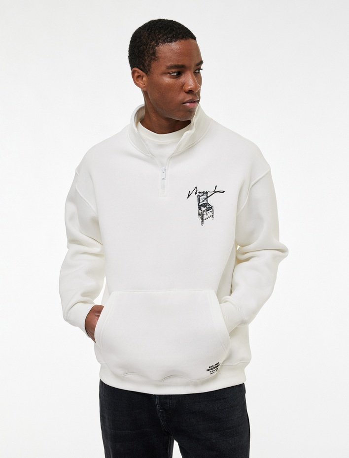  Cepli Şardonlu Yarım Fermuarlı Lisanslı Van Gogh Baskılı Oversize Sweatshirt