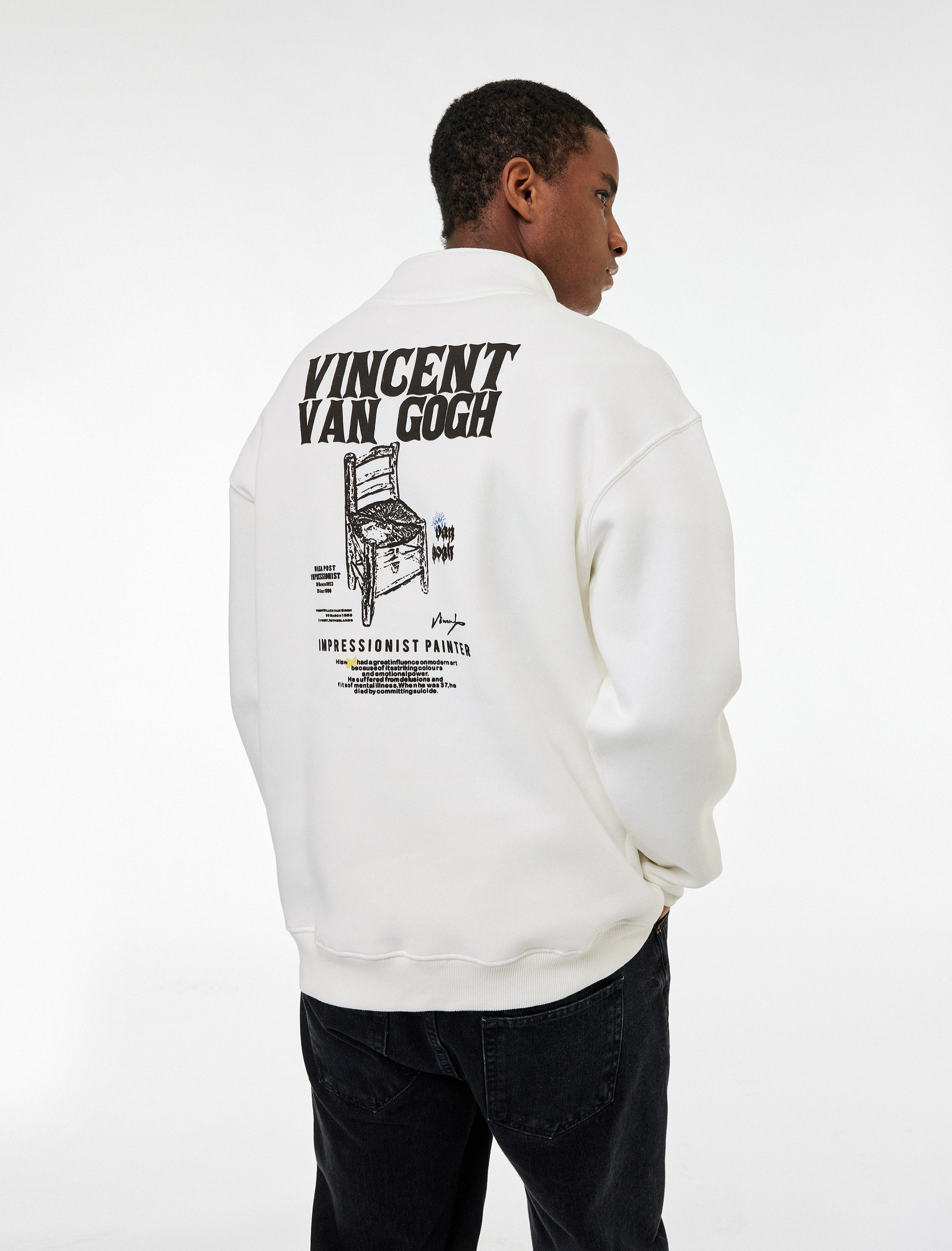   Cepli Şardonlu Yarım Fermuarlı Lisanslı Van Gogh Baskılı Oversize Sweatshirt