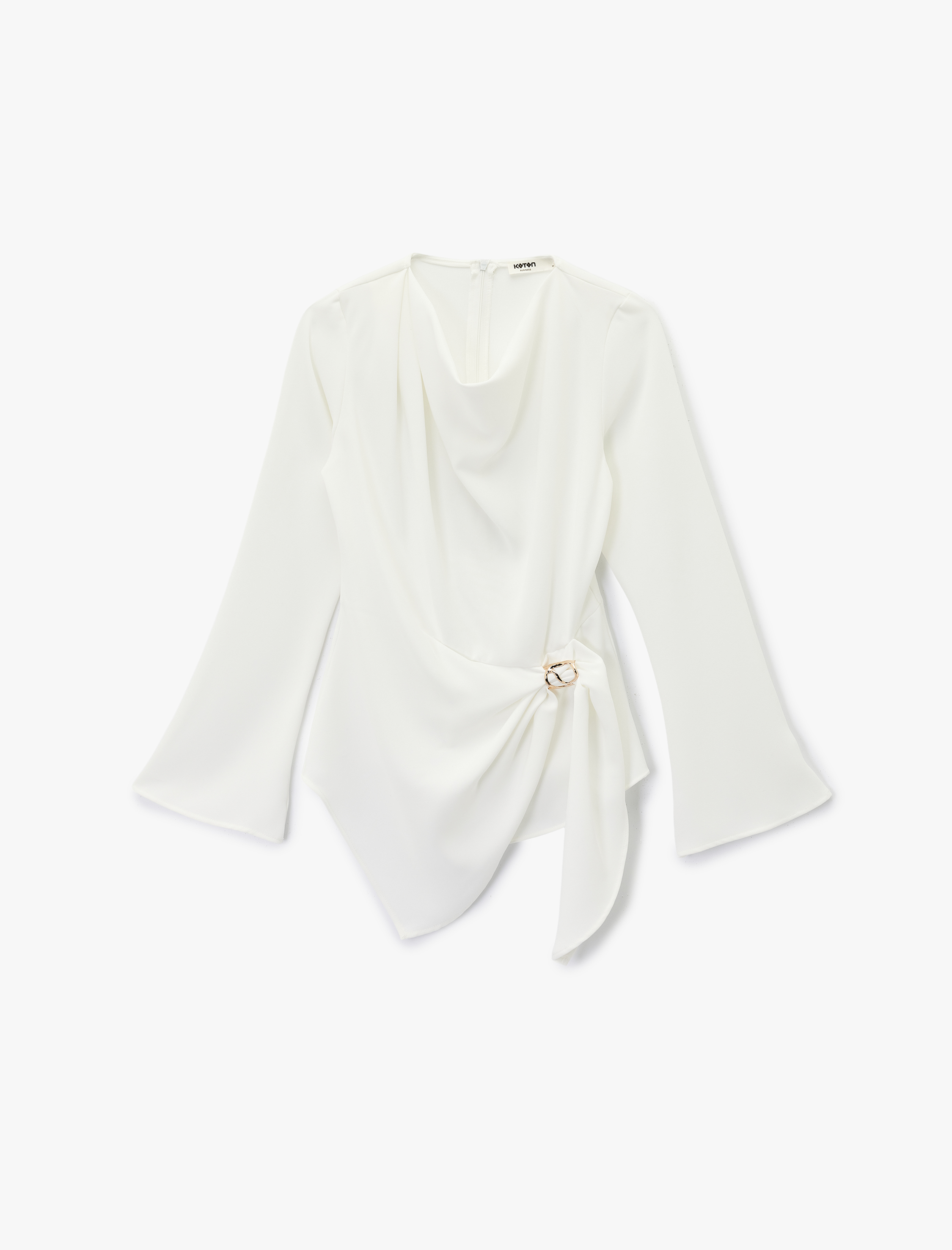   Uzun Kollu Degaje Yaka Metal Aksesuarlı Büzgülü Asimetrik Bluz