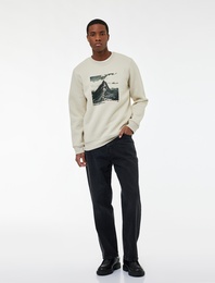 Uzun Kollu Şardonlu Bisiklet Yaka Baskılı Sweatshirt