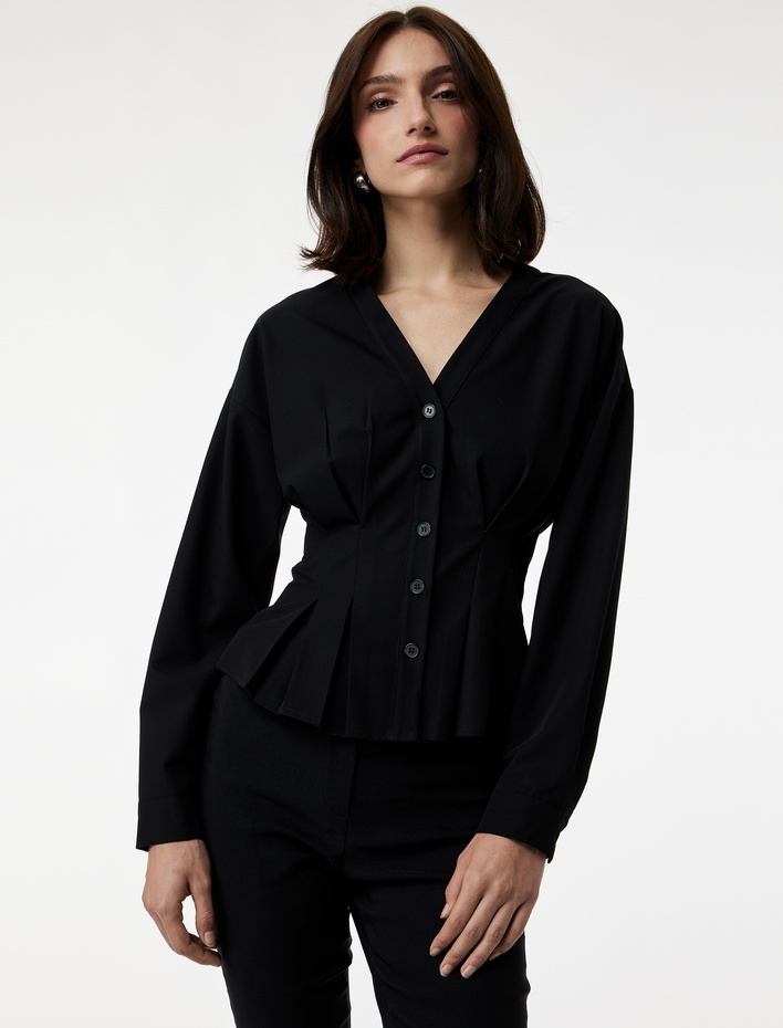  Viskon Karışımlı Uzun Kollu V Yaka Düğmeli Gömlek