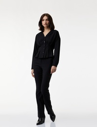 Viskon Karışımlı Uzun Kollu V Yaka Düğmeli Gömlek