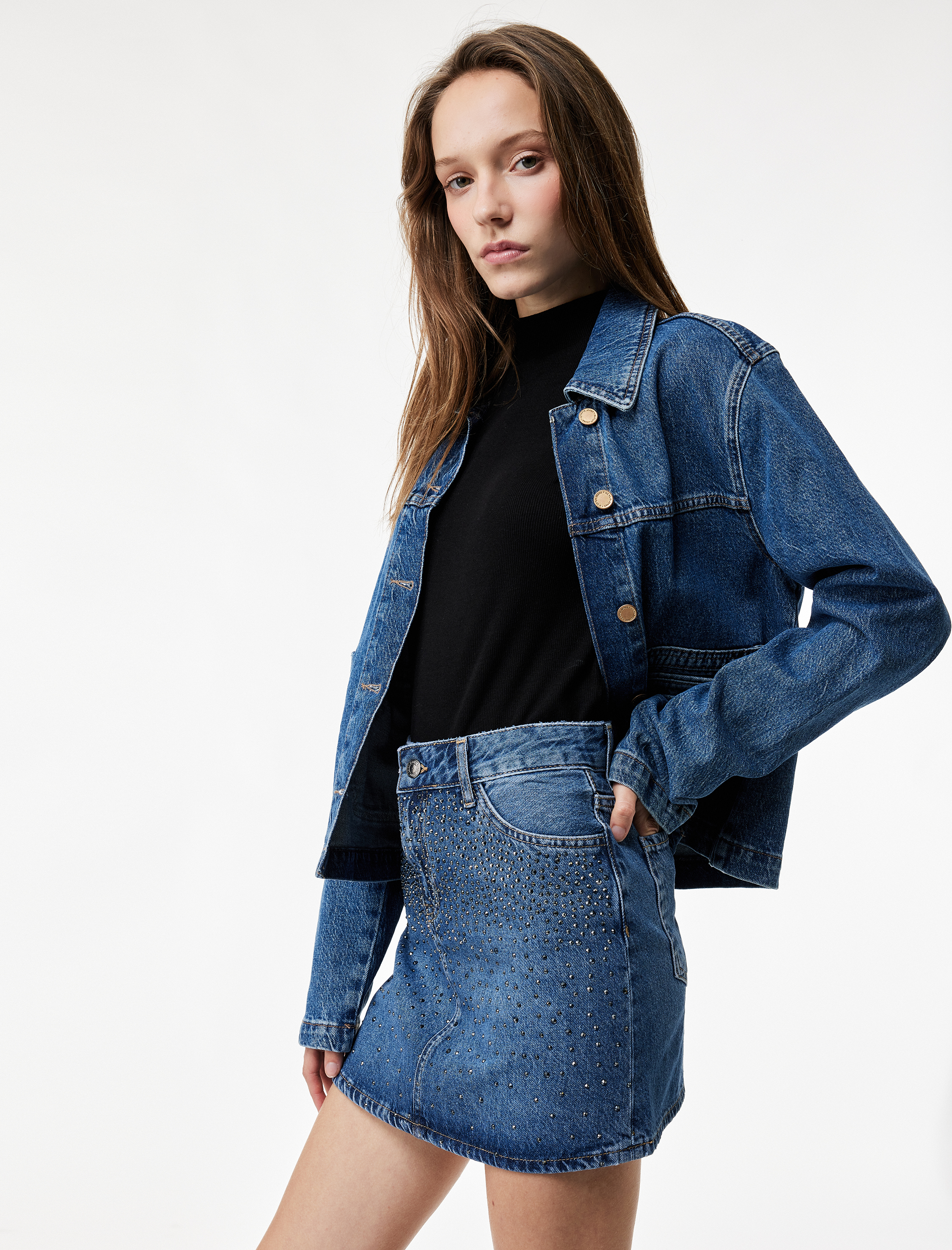   A Kesim Taş Detaylı Denim Mini Etek