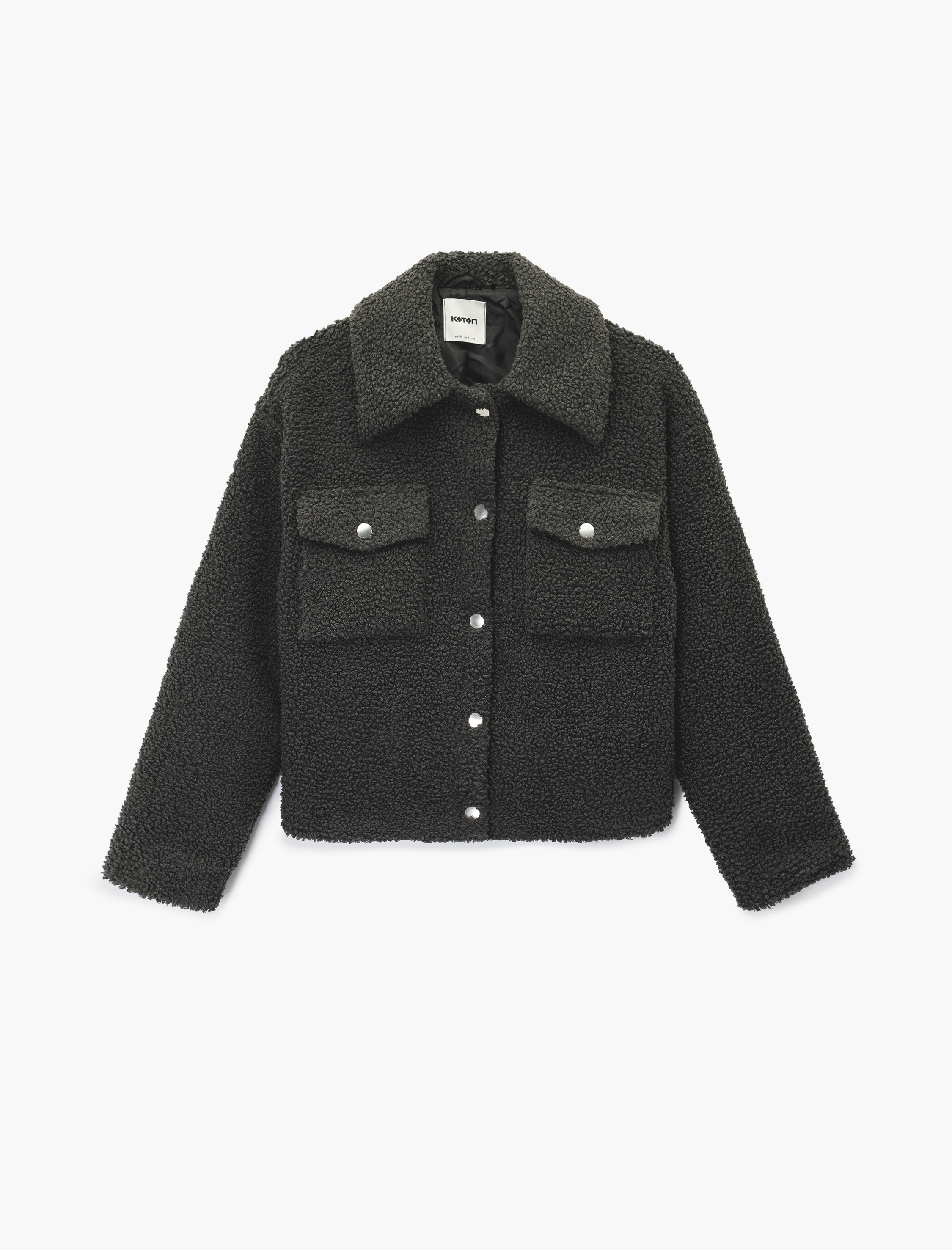   Düğmeli Uzun Kollu Kapaklı Cep Detaylı Peluş Ceket