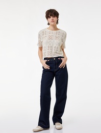 Regular Fit Bisiklet Yaka Kısa Kollu Kroşe Crop Tişört