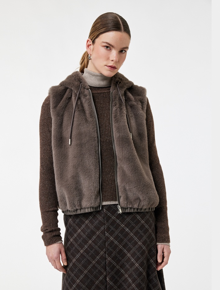  Kolsuz Kapüşonlu Fermuarlı Peluş Yelek