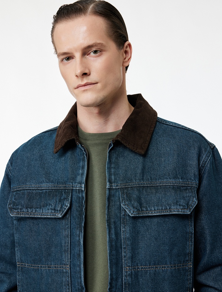  Regular Fit Uzun Kollu Kapaklı Cepli Renk Kontrastlı Yaka Jean Ceket