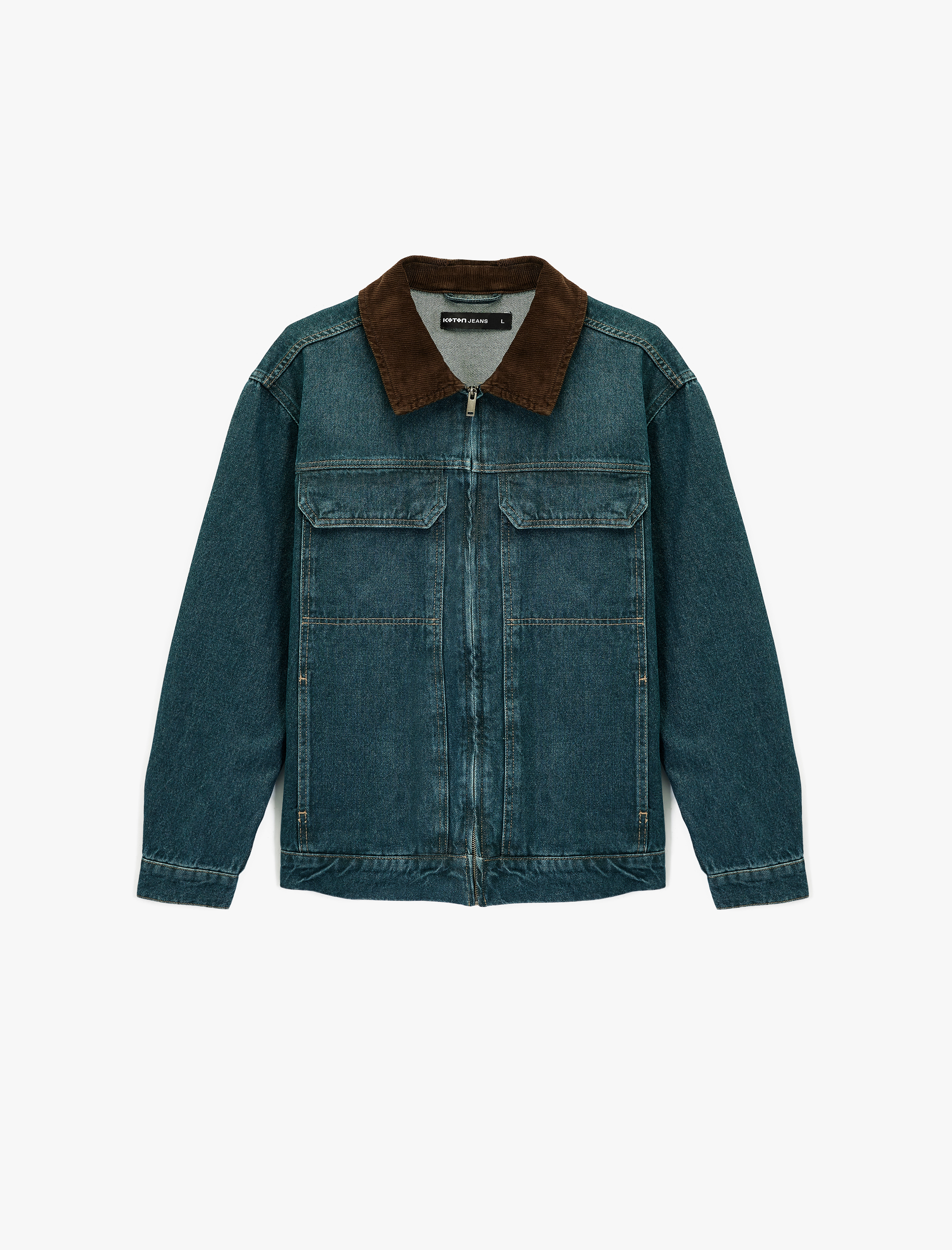   Regular Fit Uzun Kollu Kapaklı Cepli Renk Kontrastlı Yaka Jean Ceket