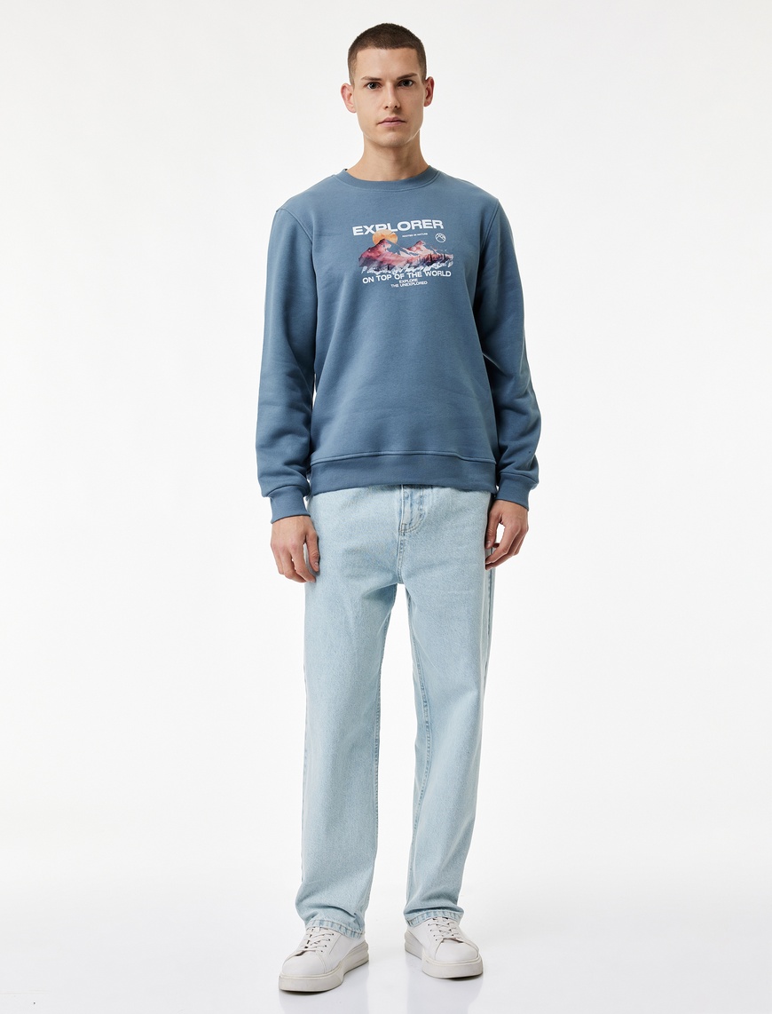 Koton Erkek Uzun Kollu Regular Fit Şardonlu Bisiklet Yaka Baskılı Sweatshirt