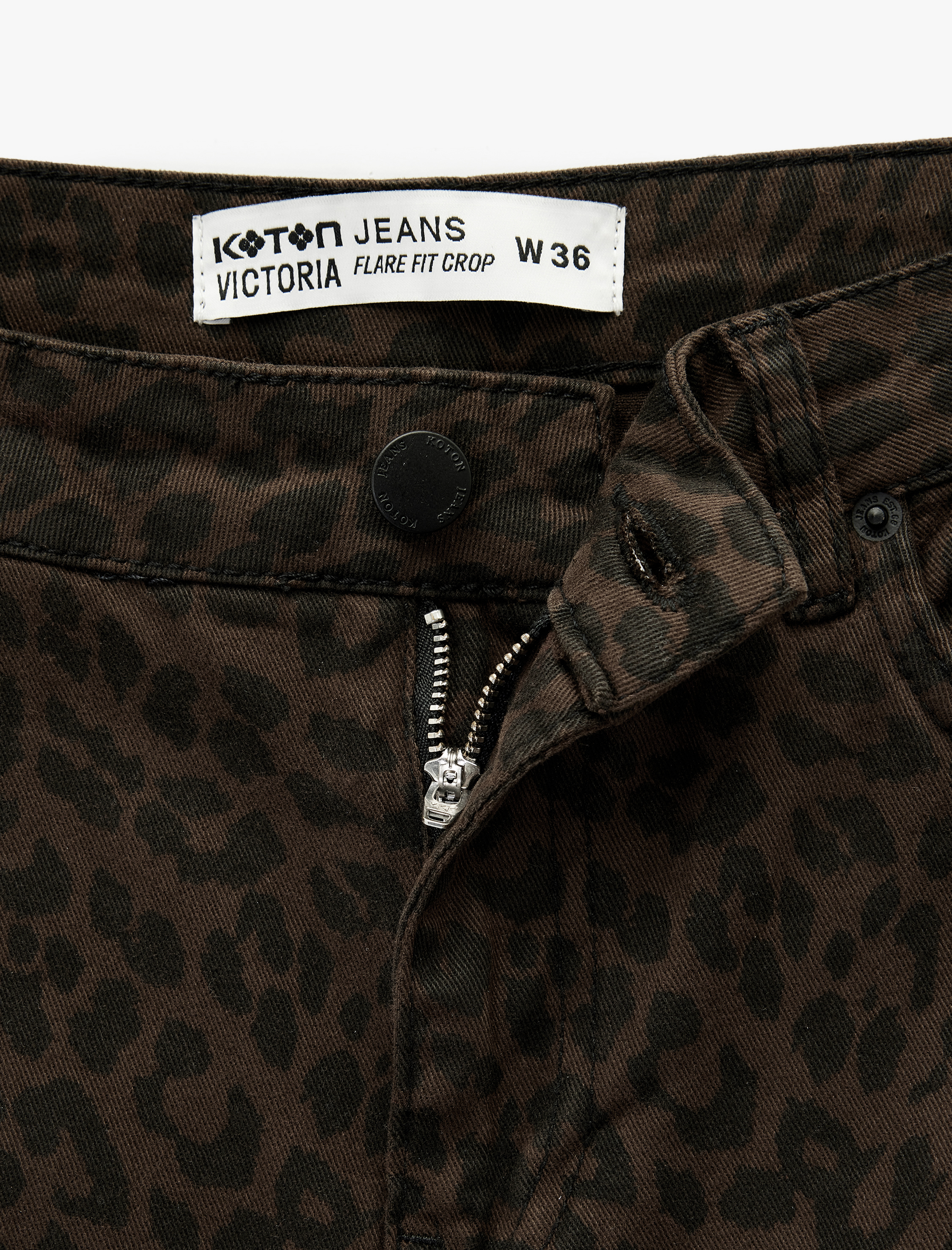   Dar Kesim Cepli Leopar Desenli Jean Pantolon - Flare Fit Crop Jeans